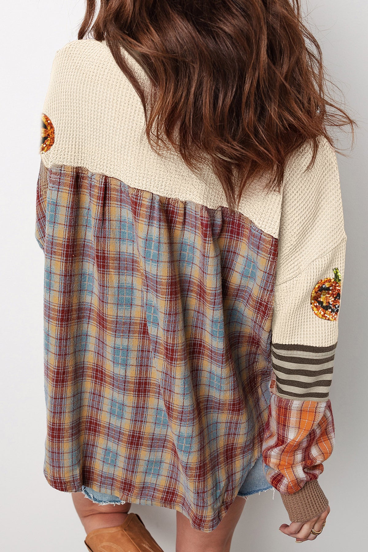 Beige Sequin Pumpkin Henley Waffle Top - KaleaBoutique.com