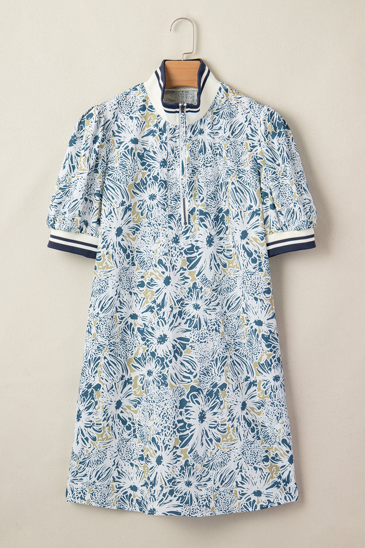 KaleaBoutique Stylish Floral Print Striped Webbing Patchwork Collar Short Sleeve Mini Dress - KaleaBoutique.com