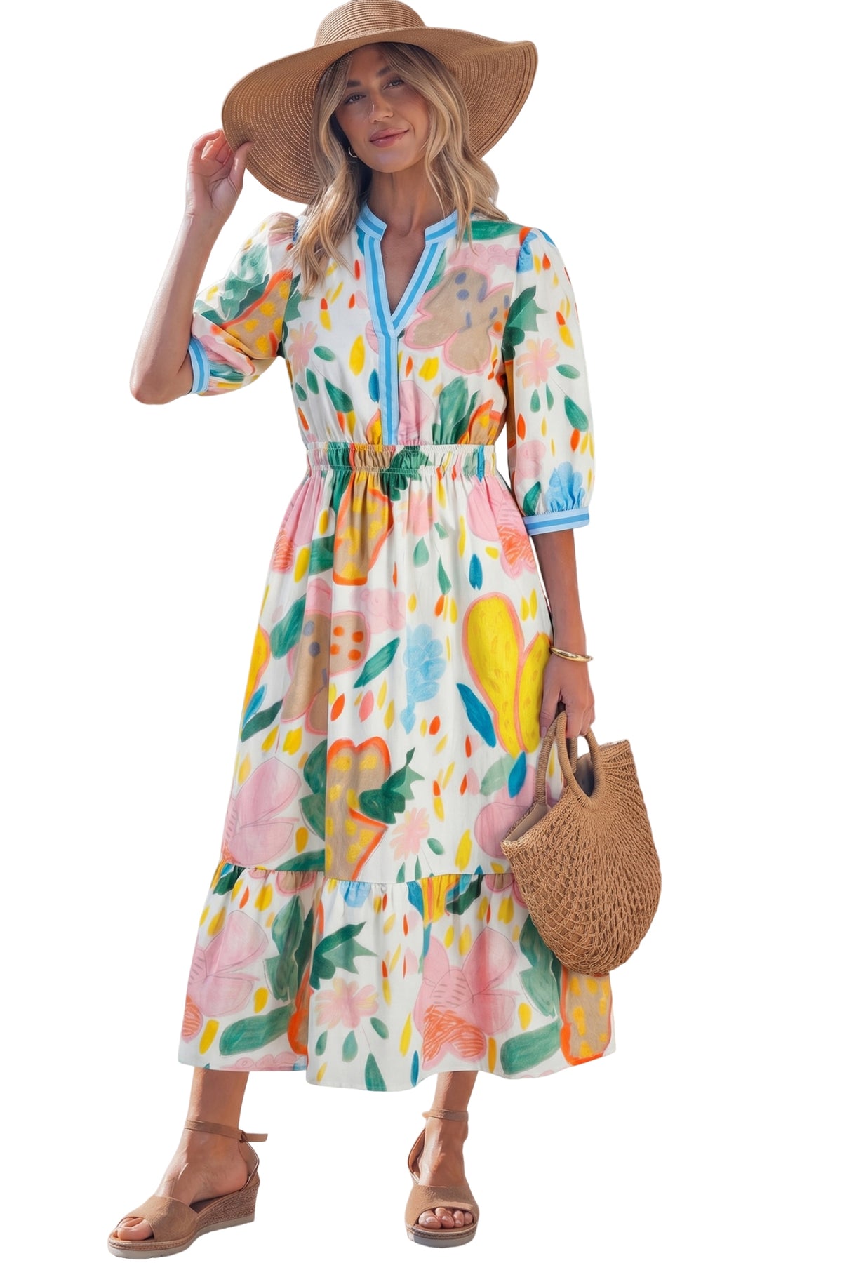 KaleaBoutique Stylish Floral Doodle Print Striped Trim V Neck Midi Dress - KaleaBoutique.com