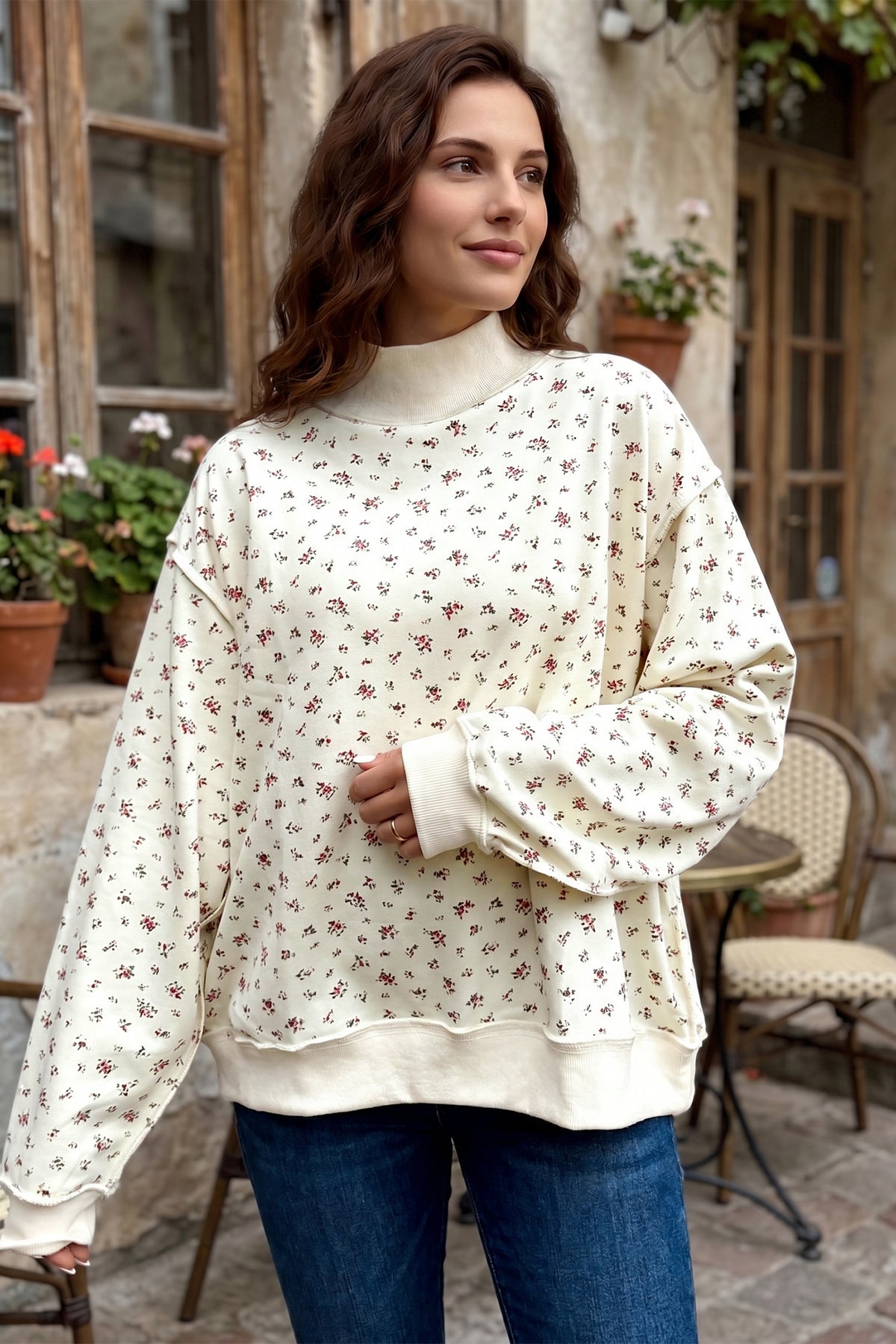 KaleaBoutique Stylish Ribbed High Neck Patchwork Floral Print Baggy Pullover Sweatshirt - KaleaBoutique.com