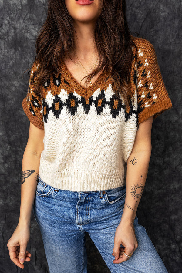 KaleaBoutique Comfortable V Neck Short Sleeve Geometric Print Western Style Knit Tee - KaleaBoutique.com