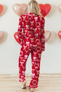 KaleaBoutique Comfortable Sweet Bow Print Shirt Style Top Long 2pcs Pajama Set - KaleaBoutique.com