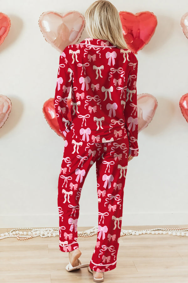 KaleaBoutique Comfortable Sweet Bow Print Shirt Style Top Long 2pcs Pajama Set - KaleaBoutique.com