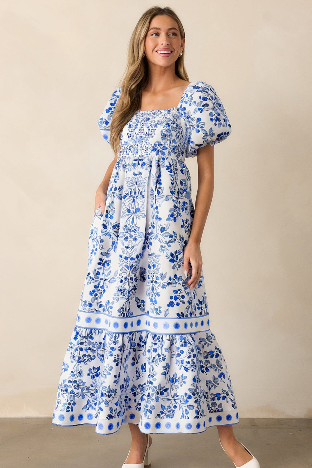 KaleaBoutique Stylish Floral Print Square Neck Bubble Sleeve High Waist Maxi Dress - KaleaBoutique.com