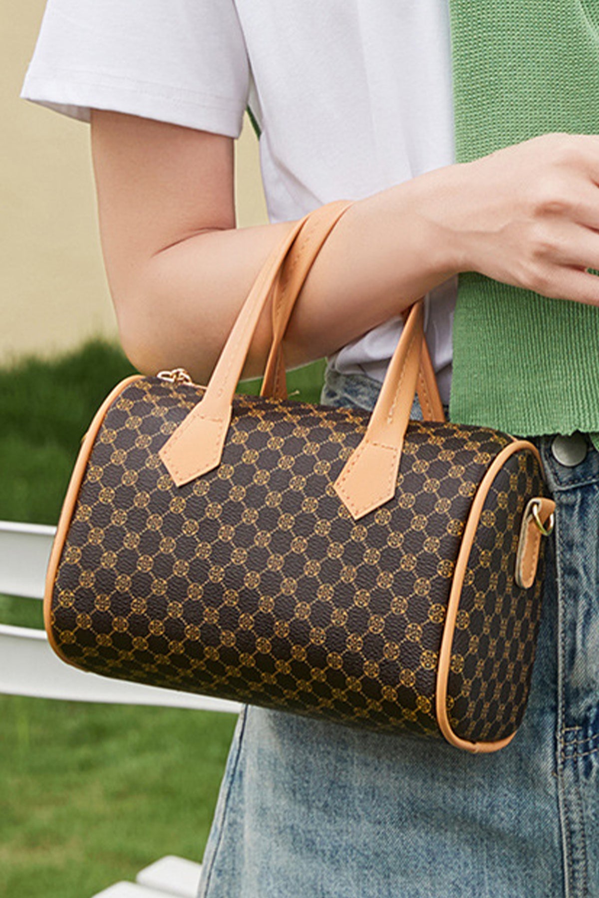 Coffee Retro Geometric Print Portable Shoulder Strap PU Leather Bag - KaleaBoutique.com
