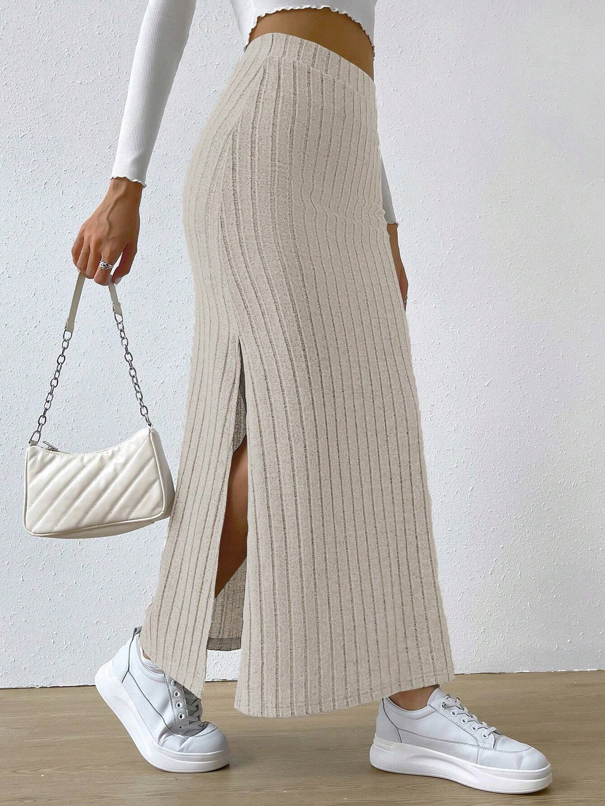 Women's High-Waist Ribbed Side-Slit Maxi Skirt