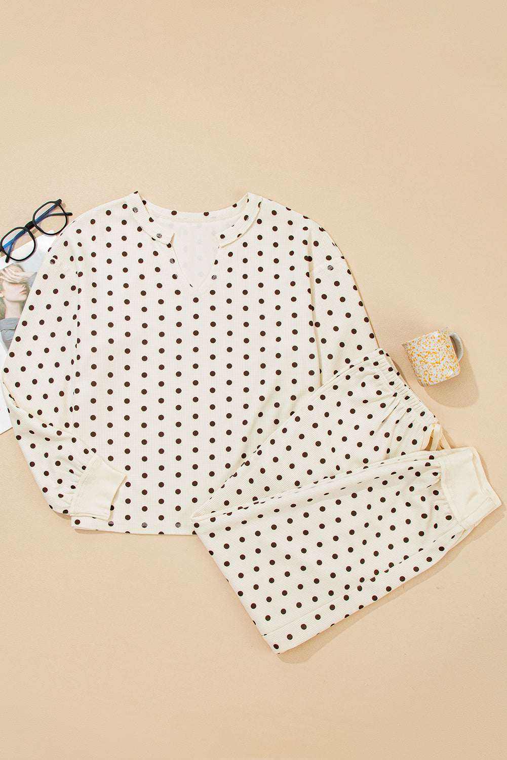 KaleaBoutique Comfortable Polka Dot Print Notched Neck Long Sleeve Top Drawstring Jogger Pants Waffle Knit Lounge Set - KaleaBoutique.com