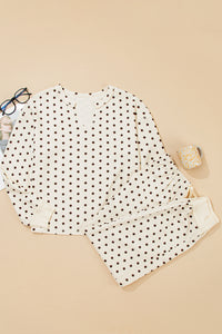 KaleaBoutique Comfortable Polka Dot Print Notched Neck Long Sleeve Top Drawstring Jogger Pants Waffle Knit Lounge Set - KaleaBoutique.com