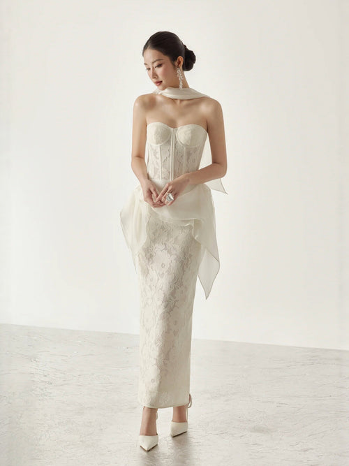 Strapless Corset Lace Midi Dress With Detachable Ruffled Overlay - KaleaBoutique.com