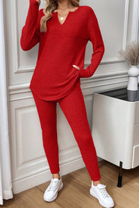 KaleaBoutique Comfortable Ribbed Notched Neck Knit Long Sleeve Leggings Two Pieces Lounge Set - KaleaBoutique.com