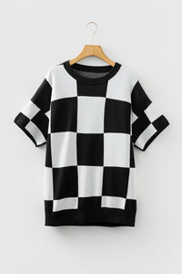 KaleaBoutique Stylish Checkered Pattern Loose Drop Shoulder Half Sleeve Sweater - KaleaBoutique.com