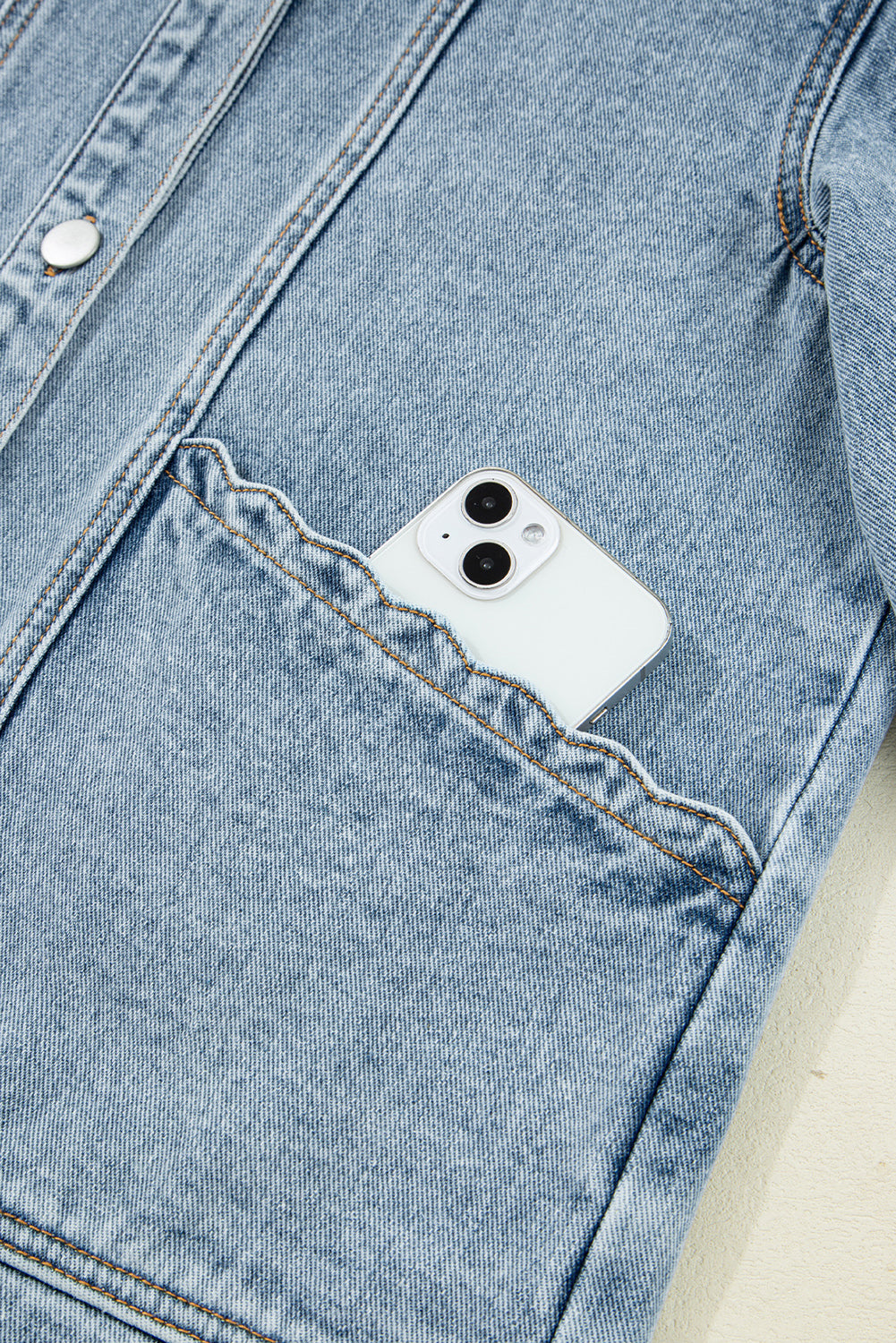 Scallop Trim Collar Patched Pocket Button Up Mineral Washed Denim Jacket - KaleaBoutique.com