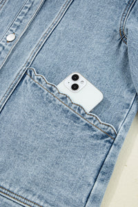 Scallop Trim Collar Patched Pocket Button Up Mineral Washed Denim Jacket - KaleaBoutique.com