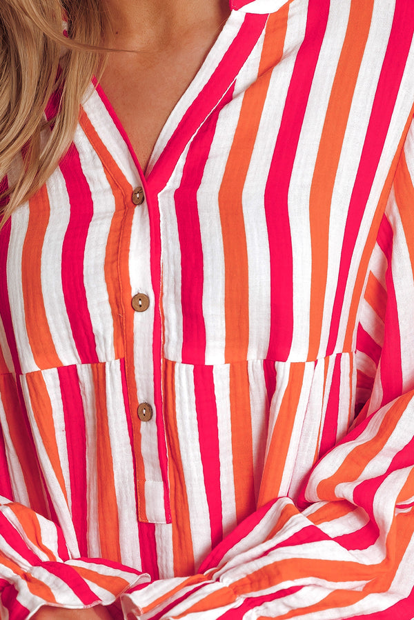 KaleaBoutique Stylish Balloon Sleeve Notched V Neck Buttoned Front Blouse - KaleaBoutique.com