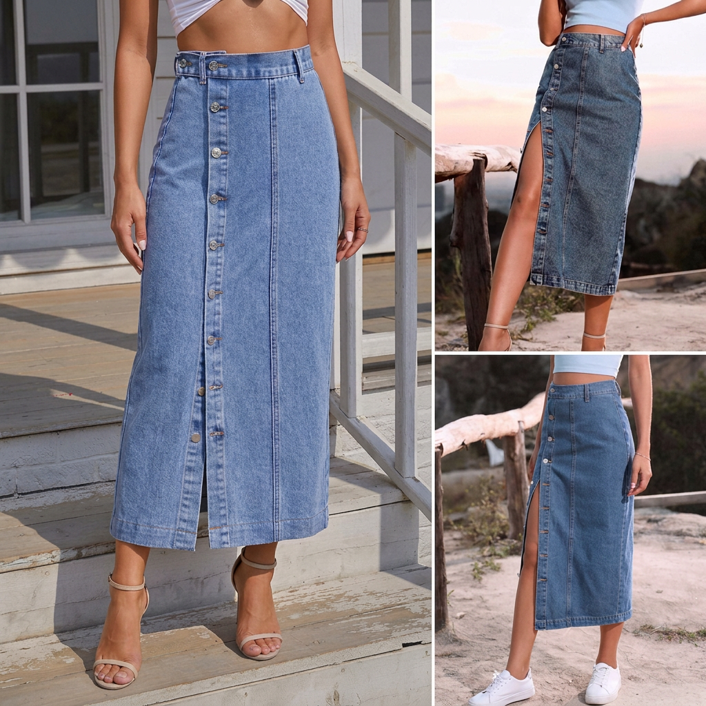 Women's High-Waist Offset-Button Denim Midi Skirt