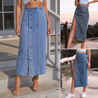 Women's High-Waist Offset-Button Denim Midi Skirt
