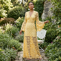 Women's V-Neck Bell-Sleeve Floral Crochet Lace Maxi Dress