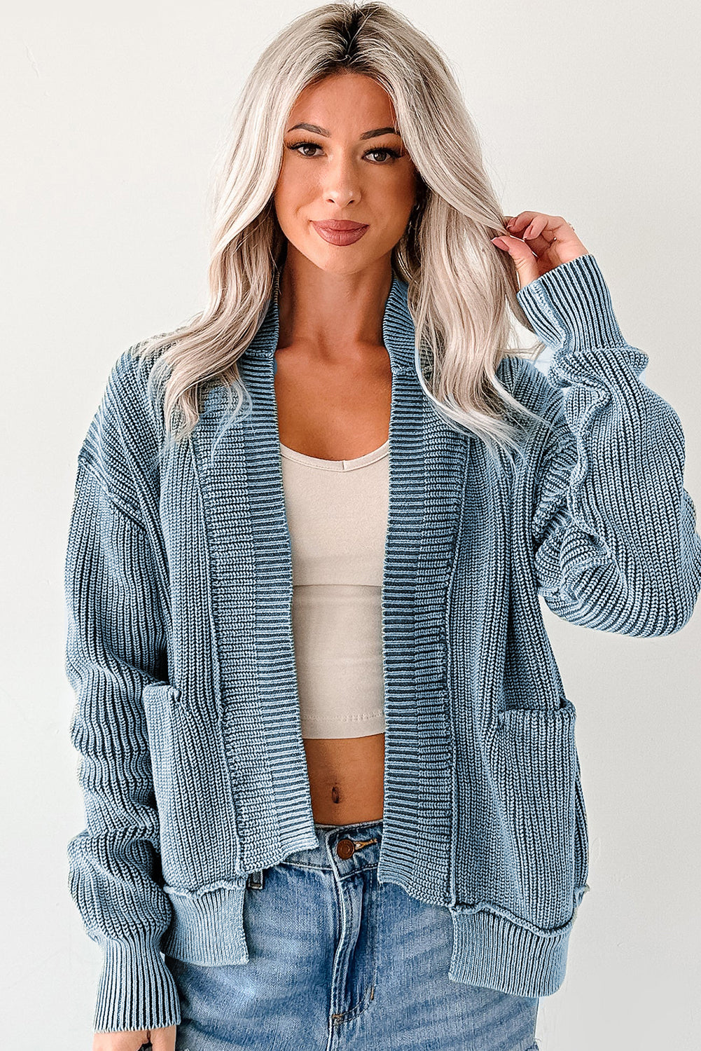 KaleaBoutique Stylish Mineral Wash Exposed Seam Patchwork Knit Open Sweater Cardigan - KaleaBoutique.com