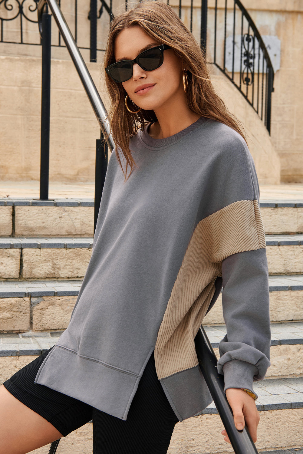 Corduroy Patched Side Slit Sweatshirt - KaleaBoutique.com