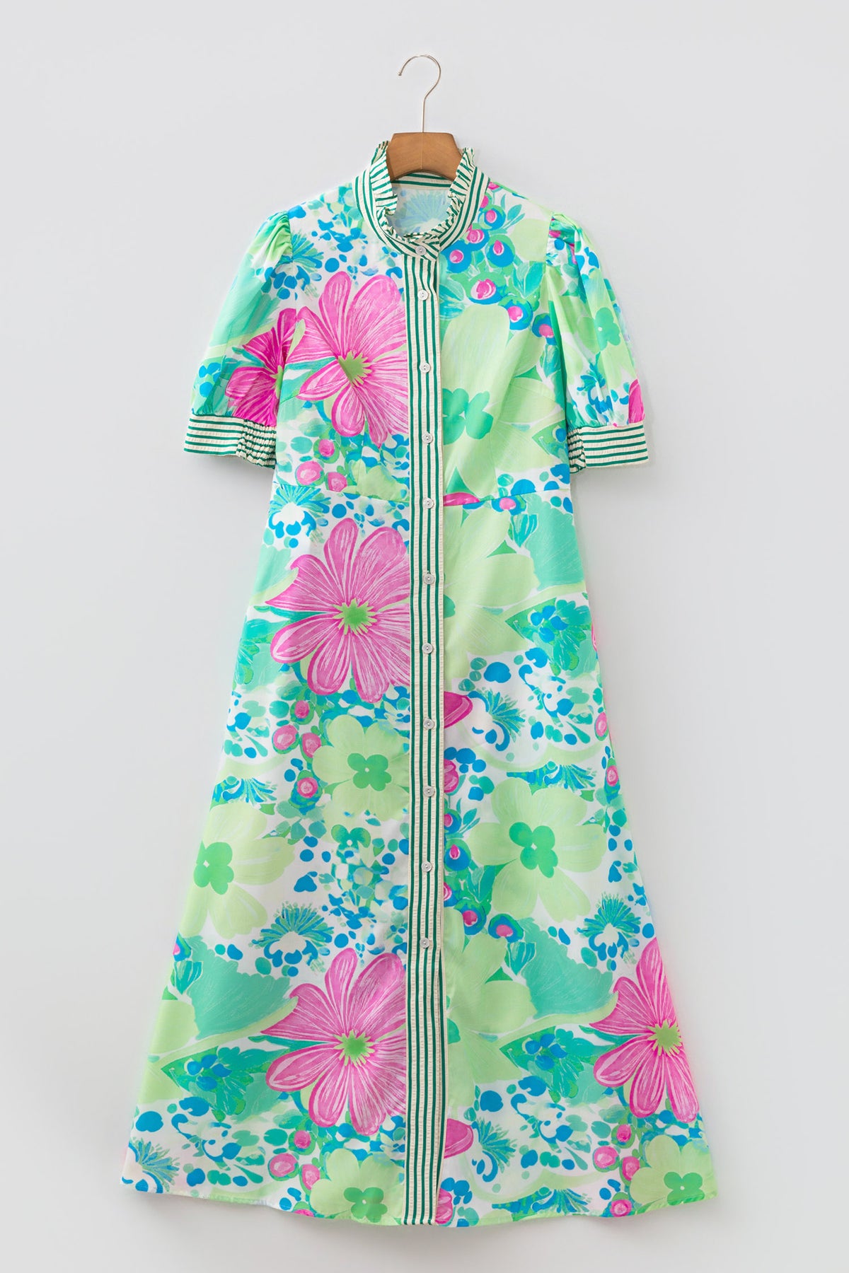 KaleaBoutique Stylish Floral Print Striped Trim Button Down Short Sleeve Vacation Dress - KaleaBoutique.com