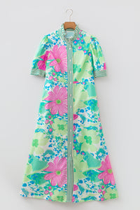 KaleaBoutique Stylish Floral Print Striped Trim Button Down Short Sleeve Vacation Dress - KaleaBoutique.com