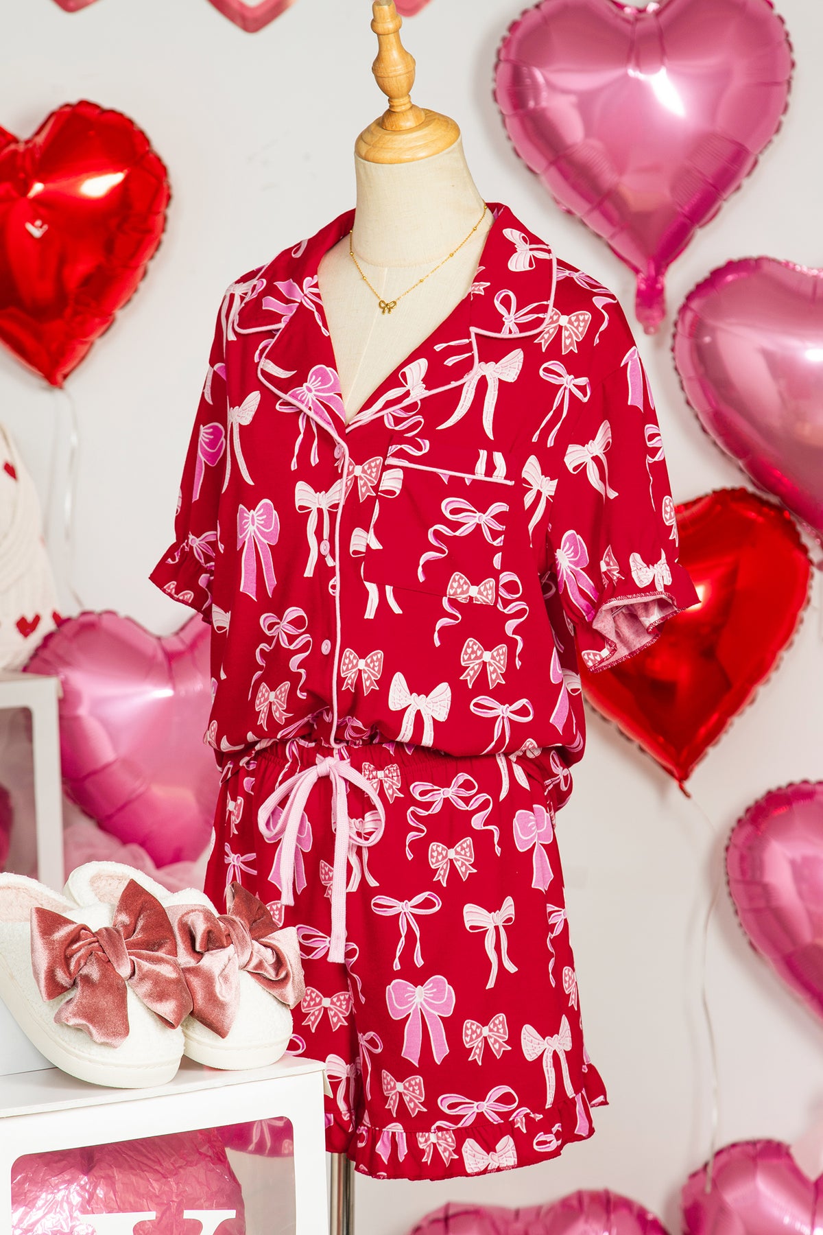 KaleaBoutique Stylish Sweet Bow Print Ruffled Short Sleeve Shirt Shorts 2pcs Pajama Set - KaleaBoutique.com