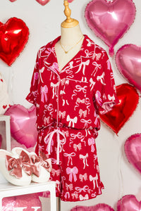 KaleaBoutique Stylish Sweet Bow Print Ruffled Short Sleeve Shirt Shorts 2pcs Pajama Set - KaleaBoutique.com