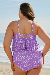 Plus Size Polka Dot Print Ruffled Knotted V Neck Tankini Set - KaleaBoutique.com
