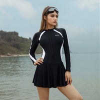 Women's Long-Sleeve Zip-Front Color Block Athletic Swim Dress - KaleaBoutique.com