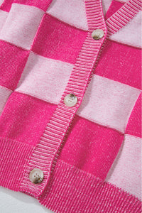 Checkered Drop Shoulder Buttoned V Neck Cardigan - KaleaBoutique.com