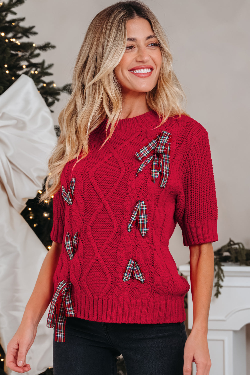 KaleaBoutique Comfortable Plaid Lace up Detail Christmas Holiday Puff Short Sleeve Sweater - KaleaBoutique.com