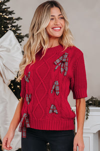 KaleaBoutique Comfortable Plaid Lace up Detail Christmas Holiday Puff Short Sleeve Sweater - KaleaBoutique.com