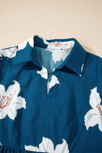 KaleaBoutique Comfortable Floral Print Shirt Collar V Neck 3/4 Sleeve Shift Midi Dress - KaleaBoutique.com