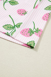 KaleaBoutique Stylish Striped Strawberry Print Lapel Shirt Drawstring Shorts 2pcs Pajama Set - KaleaBoutique.com