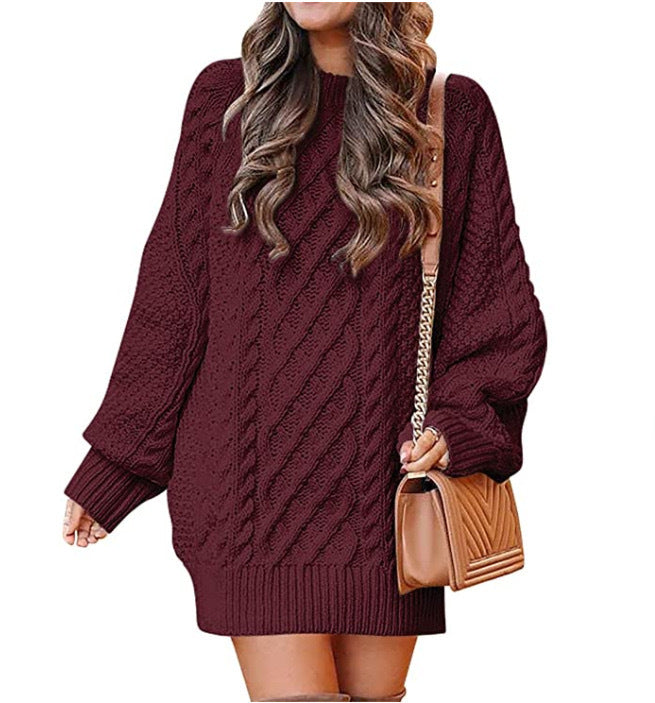 Women's Round-Neck Cable-Pattern Balloon-Sleeve Sweater Dress - KaleaBoutique.com