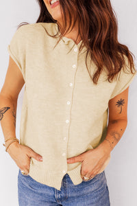KaleaBoutique Stylish Buttoned Front Rolled Hem Cap Sleeve Sweater Top - KaleaBoutique.com