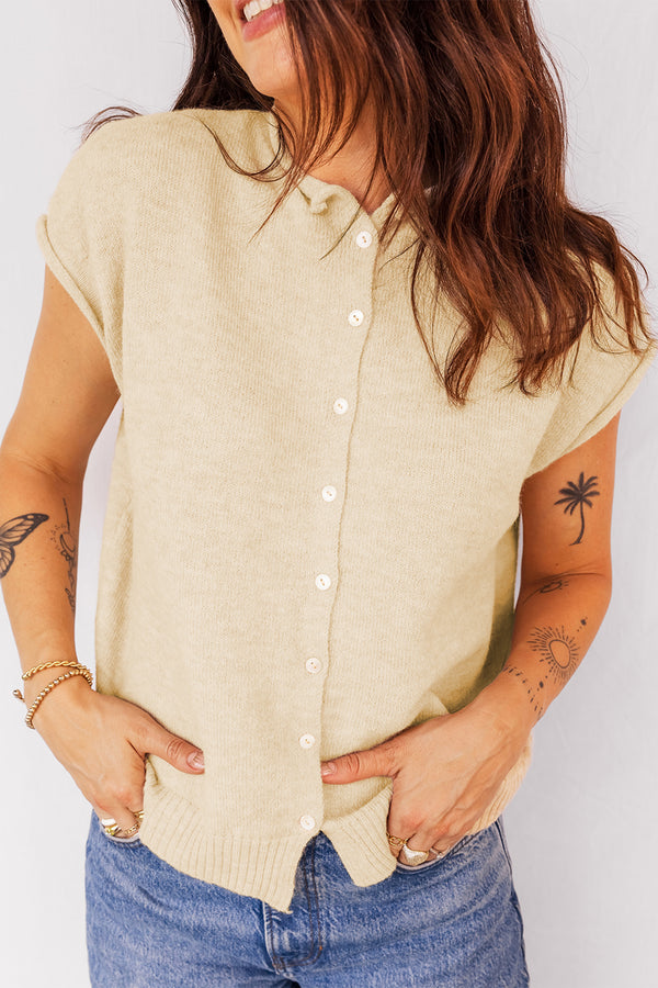 KaleaBoutique Stylish Buttoned Front Rolled Hem Cap Sleeve Sweater Top - KaleaBoutique.com