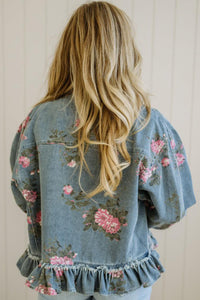 Floral Print Raw Seam Ruffle Hem Denim Jacket - KaleaBoutique.com