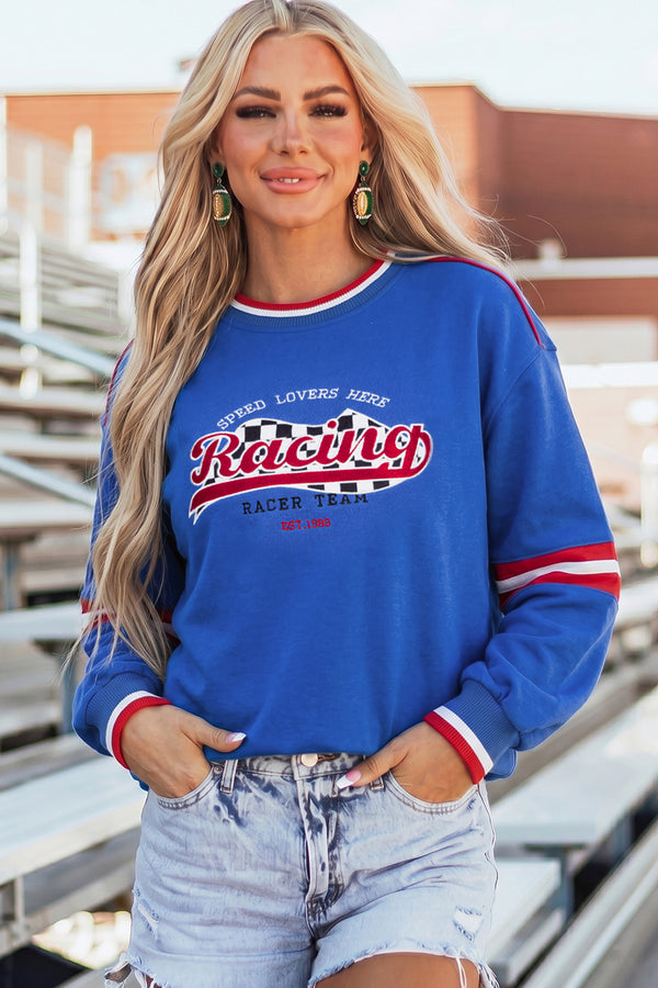 KaleaBoutique Comfortable Abstract Racing Graphic Embroidered Patchwork Long Sleeve Sweatshirt - KaleaBoutique.com