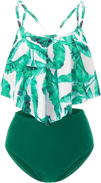 Women's Tropical Leaf Flounce Top and High-Waist Briefs 2 PC Bikini Set - KaleaBoutique.com