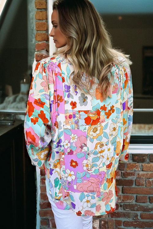 KaleaBoutique Stylish Floral Print Patchwork Frilly Neckline Long Sleeve Shirt - KaleaBoutique.com