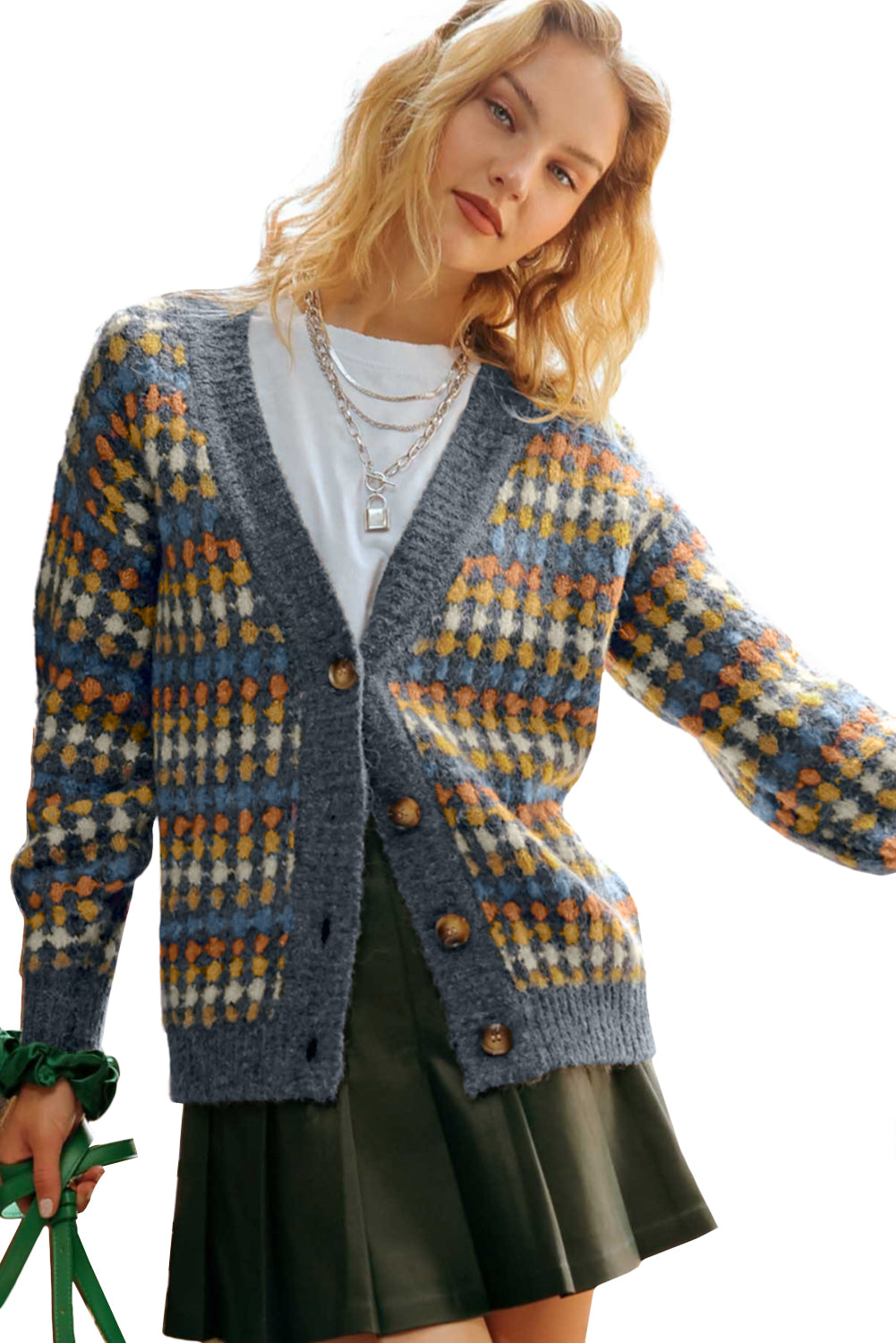 KaleaBoutique Stylish Dotty Pattern Knit Button Front V Neck Sweater Cardigan - KaleaBoutique.com