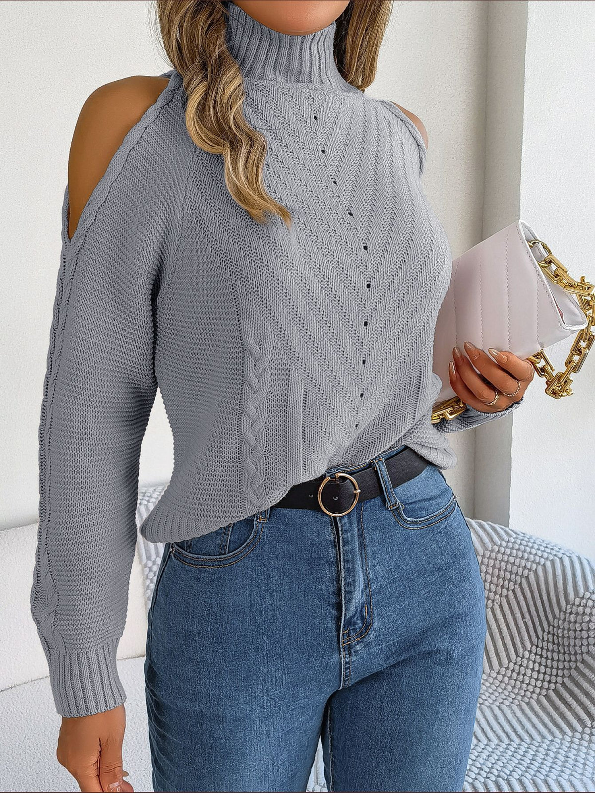 Women's Cold-Shoulder Mock-Neck Pullover Sweater - KaleaBoutique.com