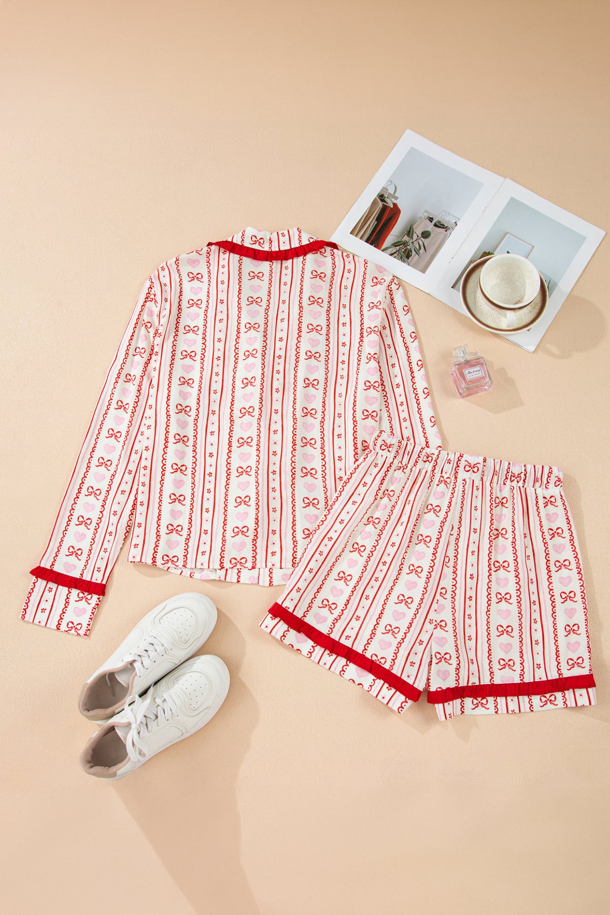 KaleaBoutique Stylish Sweet Floral Heart Bow Print Contrast Trim Long Sleeve Shirt Pajama Short Set - KaleaBoutique.com