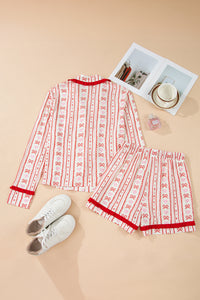 KaleaBoutique Stylish Sweet Floral Heart Bow Print Contrast Trim Long Sleeve Shirt Pajama Short Set - KaleaBoutique.com