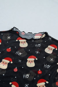 KaleaBoutique Stylish Santa Print Sheer Stand Neck Long Sleeve Top - KaleaBoutique.com