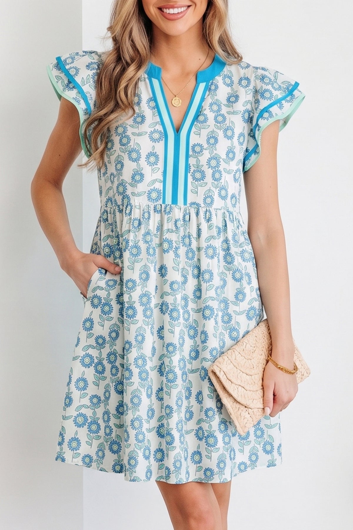 KaleaBoutique Stylish Floral Print Contrast Trim Flutter Sleeve Mini Dress - KaleaBoutique.com