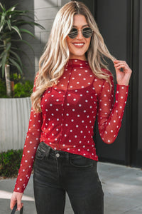 KaleaBoutique Stylish Polka Dot Patterned Bodycon Mock Neck Mesh Long Sleeve Top - KaleaBoutique.com