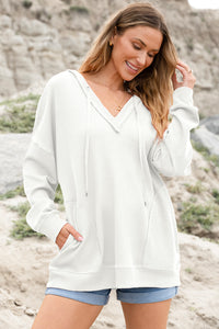 KaleaBoutique Oversize Waffle Drop Shoulder Exposed Seam V Neck Hoodie with Pockets - KaleaBoutique.com