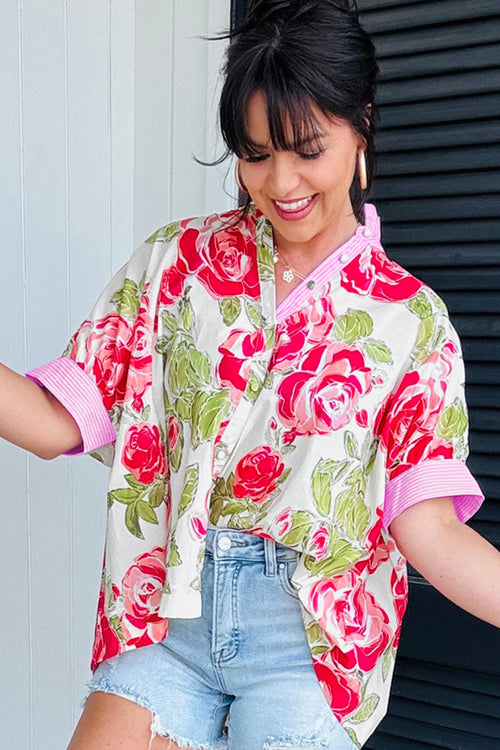 KaleaBoutique Stylish Flower Print Striped Trim Frilled Collar Short Sleeve Shirt - KaleaBoutique.com